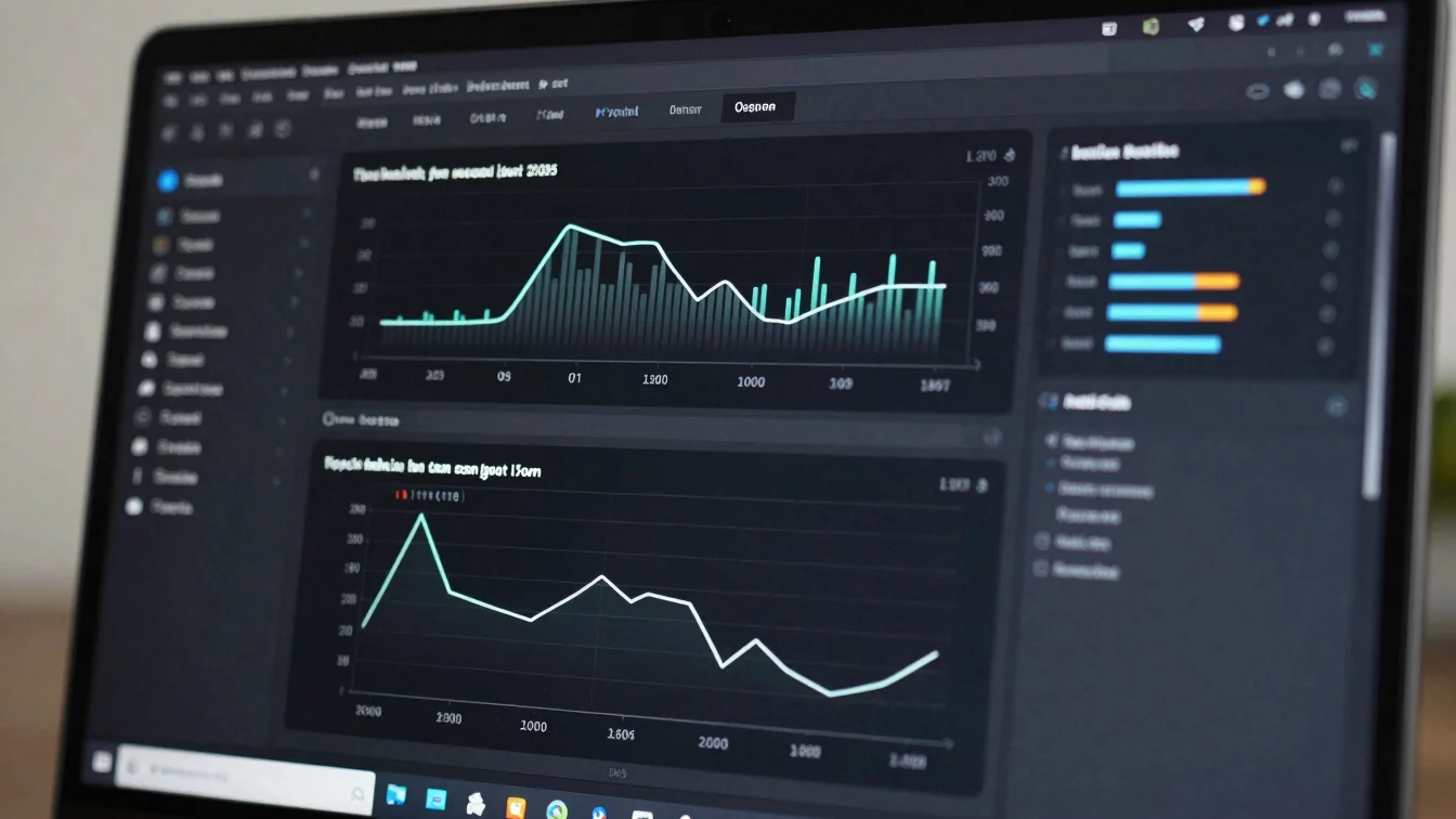 Detail of a desktop application interface with performance metrics displayed, glass reflection, crisp details, dark UI p