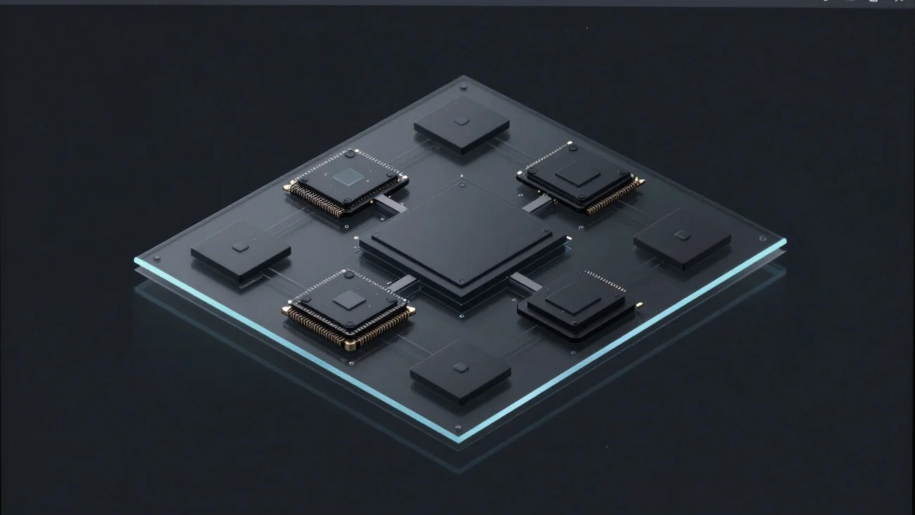 Isometric view of interconnected digital modules on a screen, clean lines, subtle interface glow, dark UI product showca